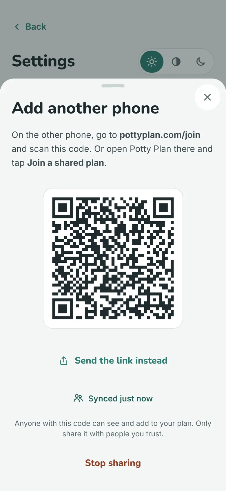 Potty Plan's sharing screen: a code to scan on your partner's phone, so both phones show the same plan.